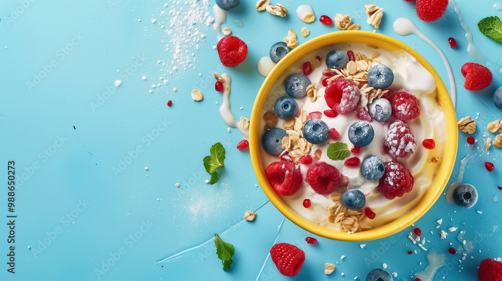 Yogurt and gelato with fruits in yellow bowl dropping on blue food background. Yogurt and gelato with fruits in yellow bowl dropping on blue food background.