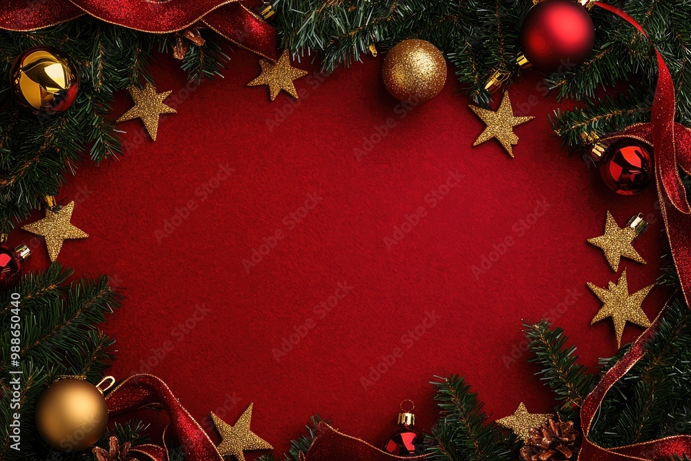 Red and Gold Christmas Ornament Border on Red Background Red and Gold Christmas Ornament Border on Red Background