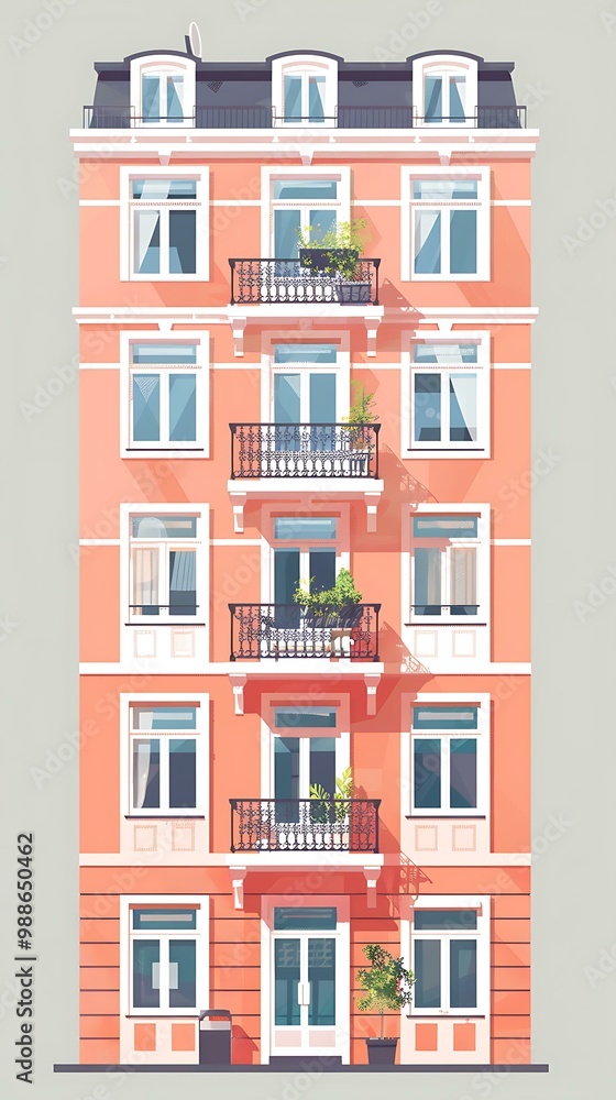 Fototapeta premium Colorful Illustration of a European Building with Balconies