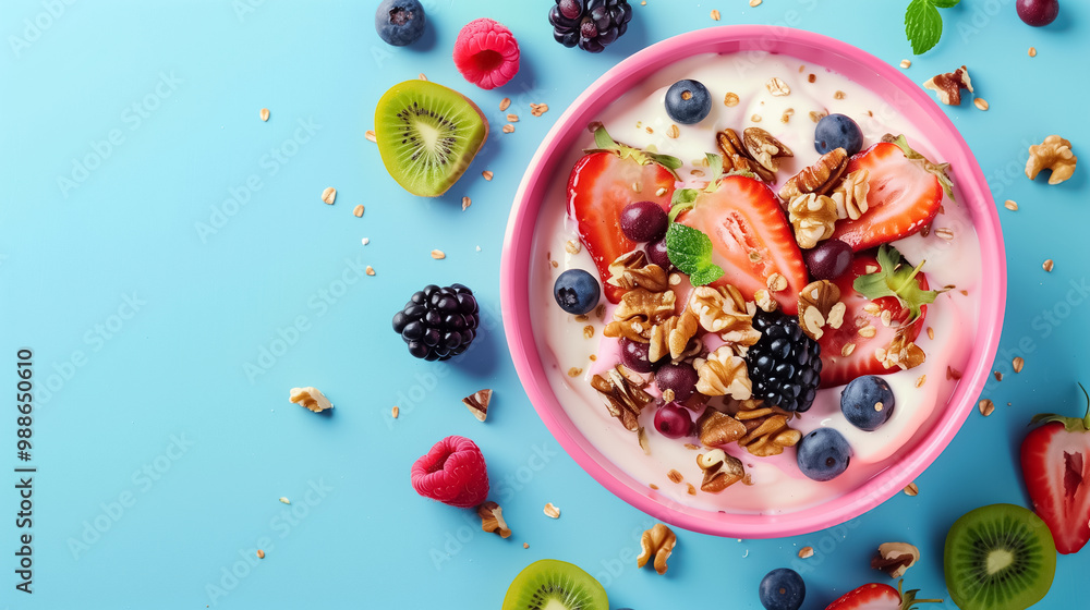 Colorful breakfast with yogurt and fruits in a pink bowl