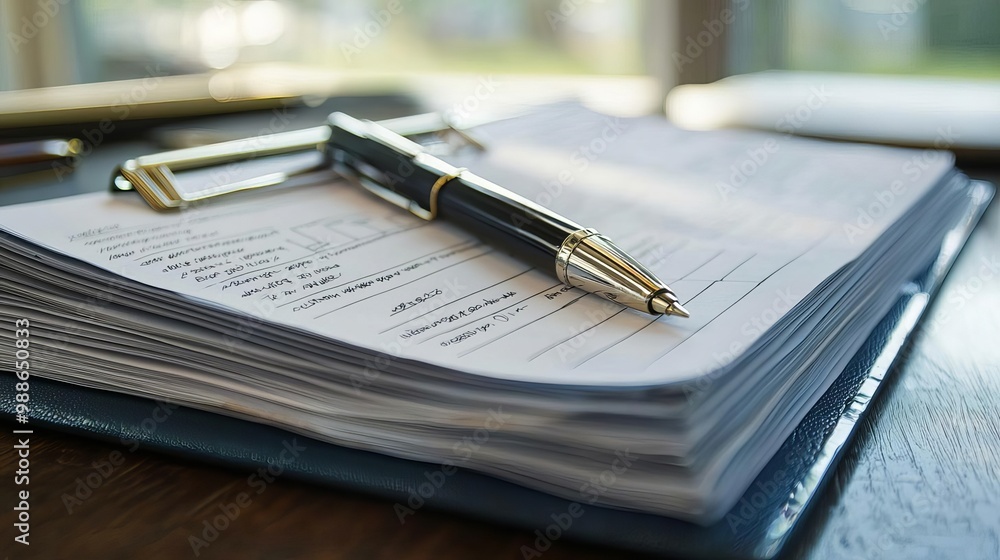 Pen resting on paperwork, organizing notes and tasks, soft natural light in background. Pen resting on paperwork, organizing notes and tasks, soft natural light in background.
