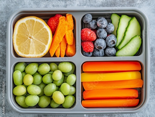 Fototapeta Naklejka Na Ścianę i Meble -  A neatly arranged snack box filled with fresh fruits and vegetables, perfect for a healthy meal