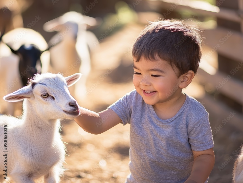A smiling child gently petting a baby goat in a sunlit farm setting, capturing pure joy and innocence A smiling child gently petting a baby goat in a sunlit farm setting, capturing pure joy and innocence