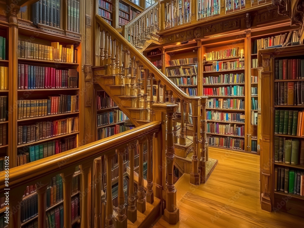 An impressive library with towering bookshelves and a classic wooden staircase, exuding intellectual charm An impressive library with towering bookshelves and a classic wooden staircase, exuding intellectual charm