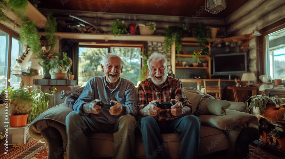 Seniors filled with laughter and joy while playing video games at home Seniors filled with laughter and joy while playing video games at home