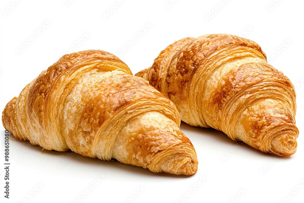 Two French croissants with a golden brown crust isolated on white Two French croissants with a golden brown crust isolated on white