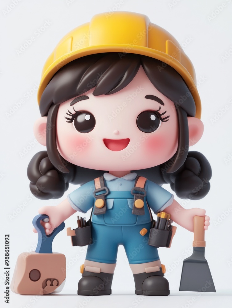 A cheerful cartoon character in a construction outfit, ready for work with tools. A cheerful cartoon character in a construction outfit, ready for work with tools.