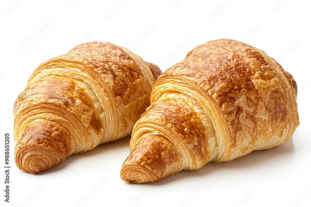 Two French croissants with a golden brown crust isolated on white Two French croissants with a golden brown crust isolated on white