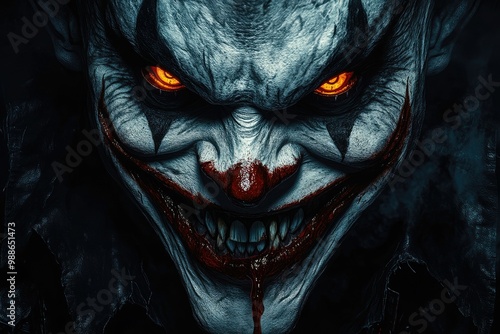 digital painting of an evil clown with glowing red eyes, dark background