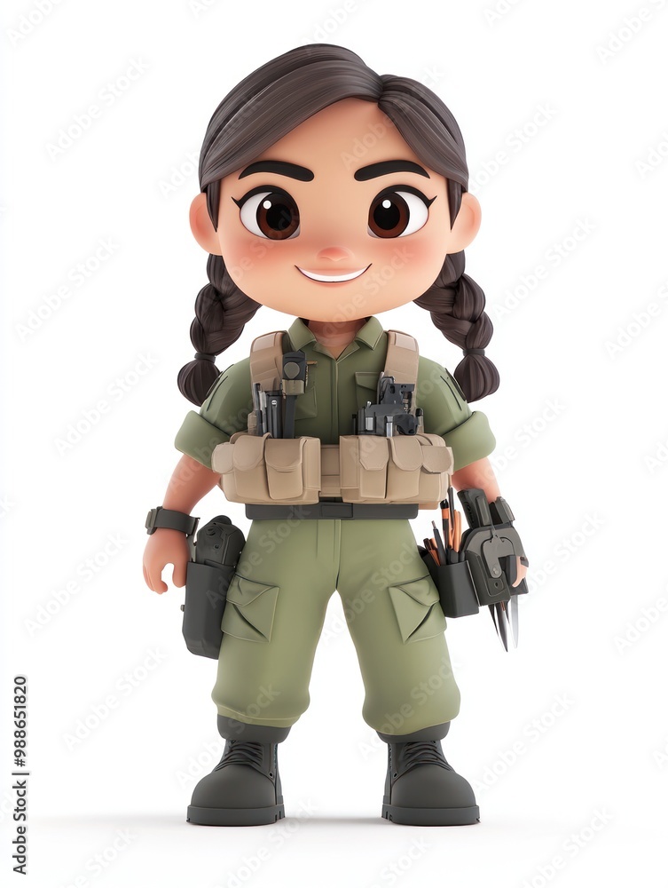 A cute cartoon character dressed in military-style attire with various tools and gadgets. A cute cartoon character dressed in military-style attire with various tools and gadgets.