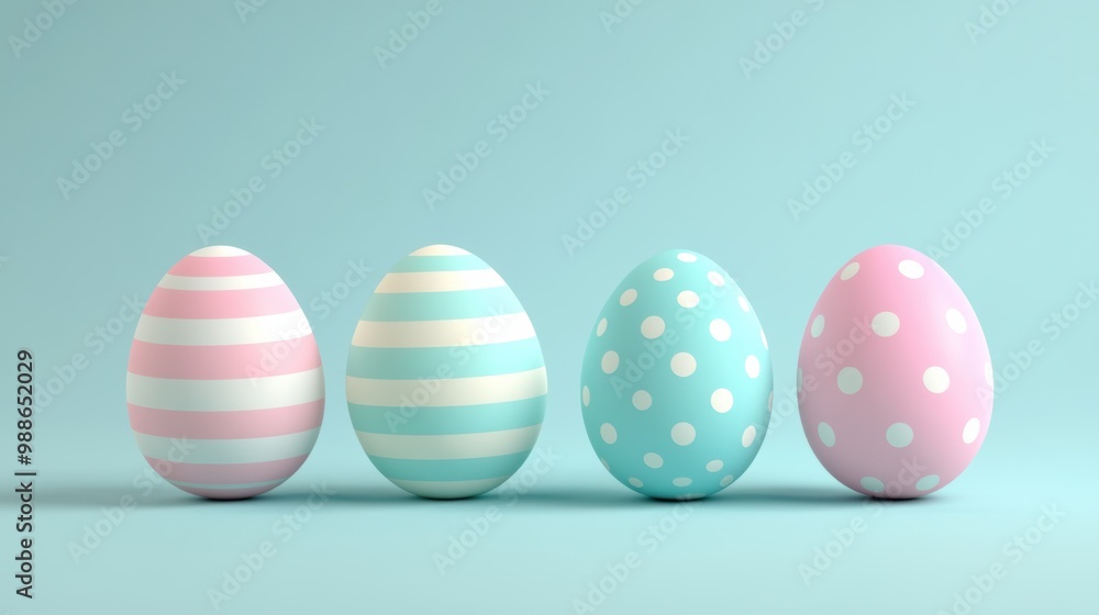 Pastel Colored Easter Eggs with Minimal Patterns on Light Blue Background Pastel Colored Easter Eggs with Minimal Patterns on Light Blue Background