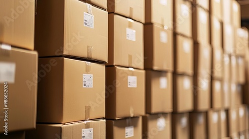 Sturdy cardboard boxes stacked and ready for shipping, storage room photo