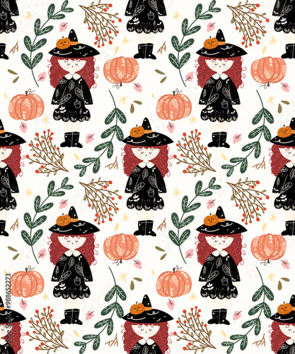 little witch pattern halloween wallpapers Halloween background. Red haired witch.