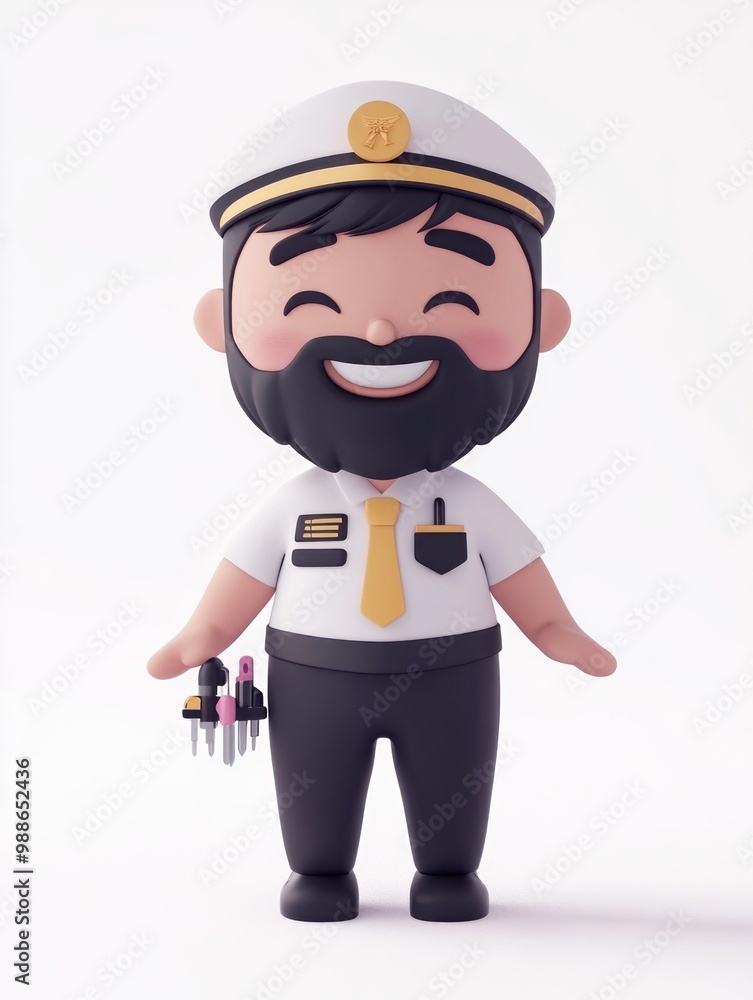 A cheerful cartoon pilot character holding tools, designed in a playful style. A cheerful cartoon pilot character holding tools, designed in a playful style.