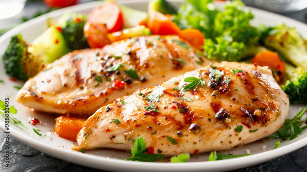 Grilled chicken breast served with a colorful mix of steamed vegetables for a healthy meal Grilled chicken breast served with a colorful mix of steamed vegetables for a healthy meal