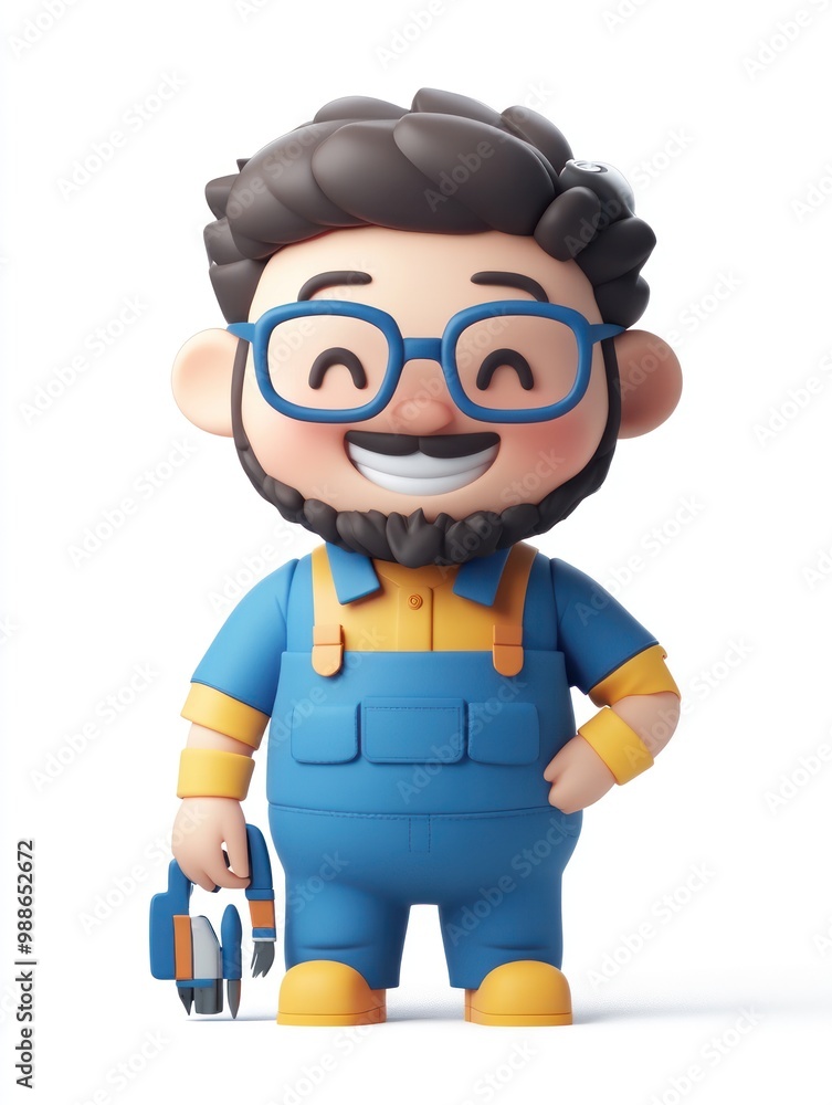 A cheerful cartoon character in blue overalls, holding tools and smiling. A cheerful cartoon character in blue overalls, holding tools and smiling.