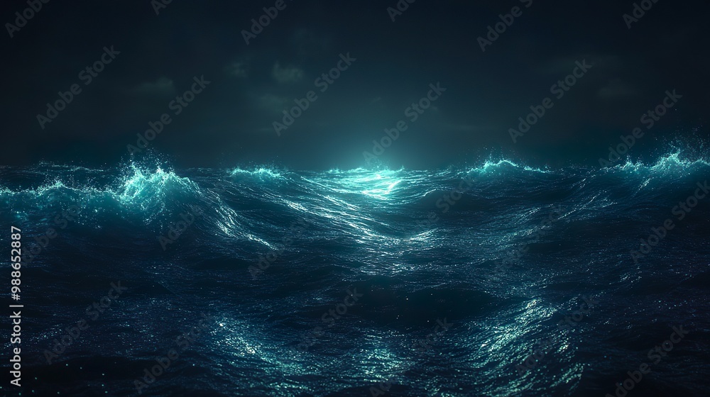 Glowing ocean waves beneath neon lit sky in serene seascape picture Glowing ocean waves beneath neon lit sky in serene seascape picture