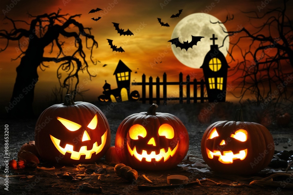 Spooky halloween night scene with glowing jack-o-lanterns and haunted house silhouette Spooky halloween night scene with glowing jack-o-lanterns and haunted house silhouette