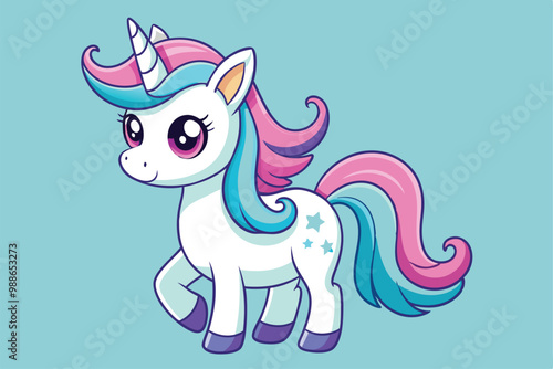 A charming unicorn with vibrant mane is joyfully prancing in a light blue background, Cute cartoon unicorn