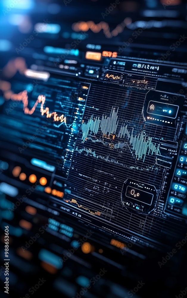 Data analysis dashboard with graphs and metrics, dark background. Data analysis dashboard with graphs and metrics, dark background.