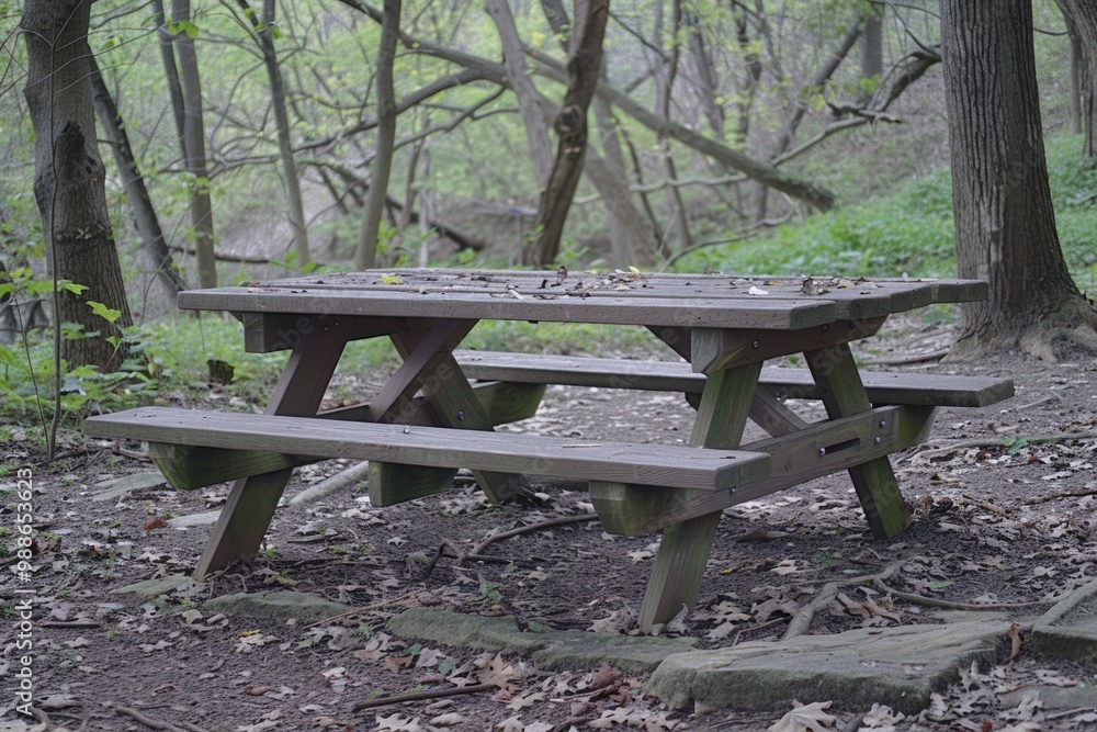 A rustic wooden picnic table sits in the woods, surrounded by trees and fallen leaves. A rustic wooden picnic table sits in the woods, surrounded by trees and fallen leaves.