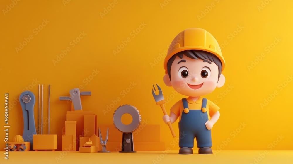 A cheerful cartoon boy in a hard hat holding a wrench, surrounded by tools against a yellow background. A cheerful cartoon boy in a hard hat holding a wrench, surrounded by tools against a yellow background.