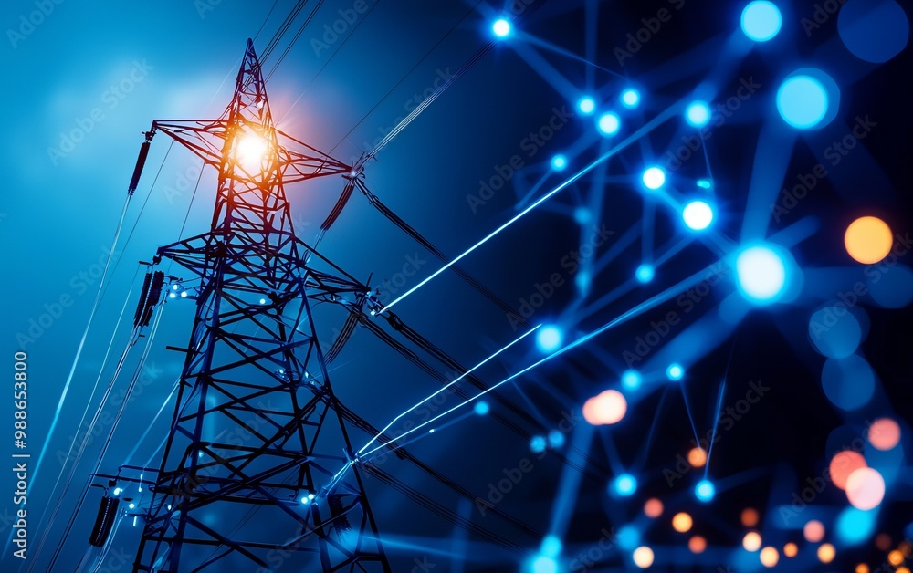 Electric power tower with glowing accents against a blue background. Electric power tower with glowing accents against a blue background.
