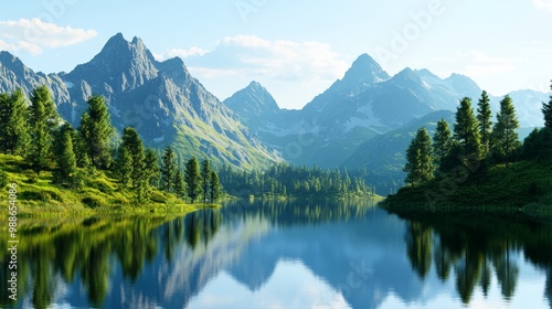 A hyper realistic image of a serene mountain lake
