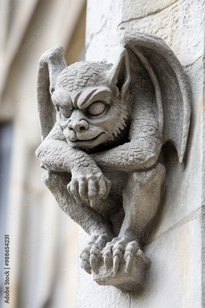Gargoyle sculpture that showcases a fierce design as a prominent feature on an architectural facade Gargoyle sculpture that showcases a fierce design as a prominent feature on an architectural facade