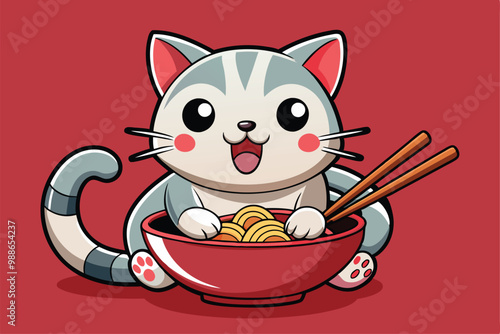 A cute cartoon cat happily eats a bowl of ramen with chopsticks, enjoying its meal in a cozy atmosphere, Cute cat eating ramen noodle simple cartoon