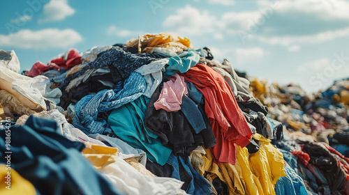  Pile of discarded clothing in a landfill, highlighting fast fashion issues. Concept: Fast Fashion, Clothing Waste, Landfill Impact photo