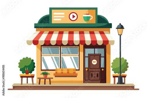 A cozy coffee shop with vibrant awnings, welcoming seating, and greenery, perfect for a relaxing outing, cute coffee shop exterior . isolated white background