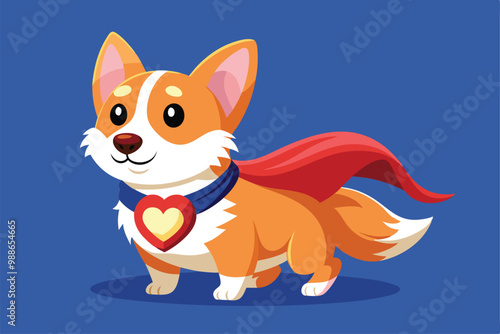 A cheerful corgi dog wearing a superhero cape and heart is ready for adventure, Cute corgi dog with superhero cape and heart