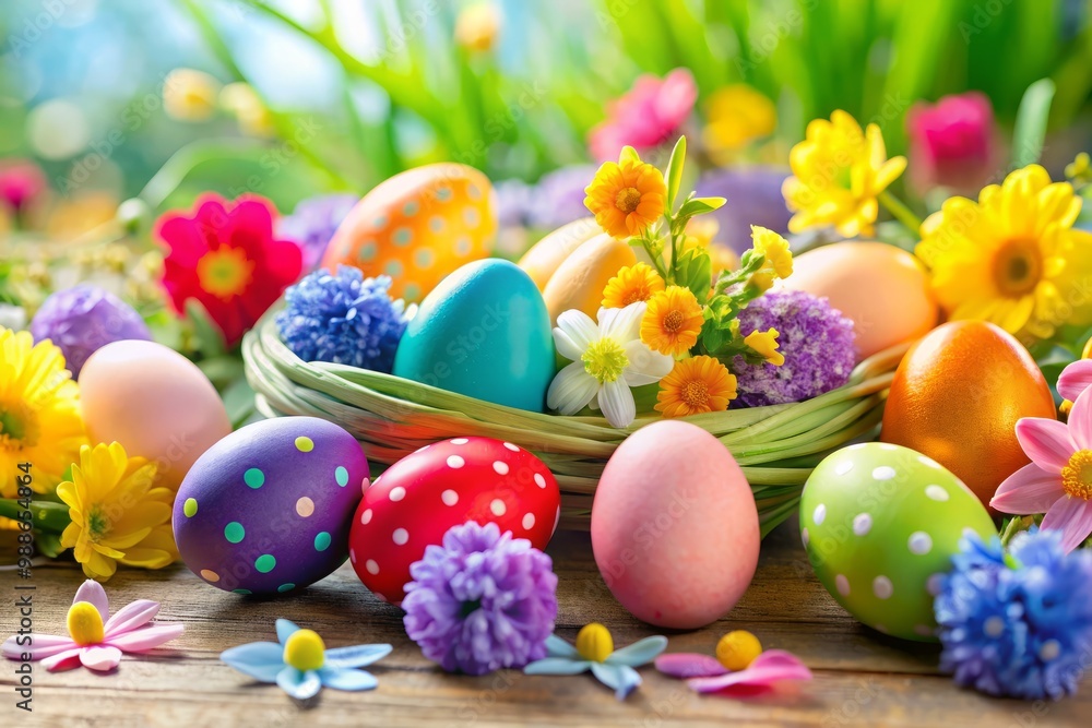 Vibrant hues swirl together as eggs in every color of the rainbow spring to life amidst blooming flowers Vibrant hues swirl together as eggs in every color of the rainbow spring to life amidst blooming flowers