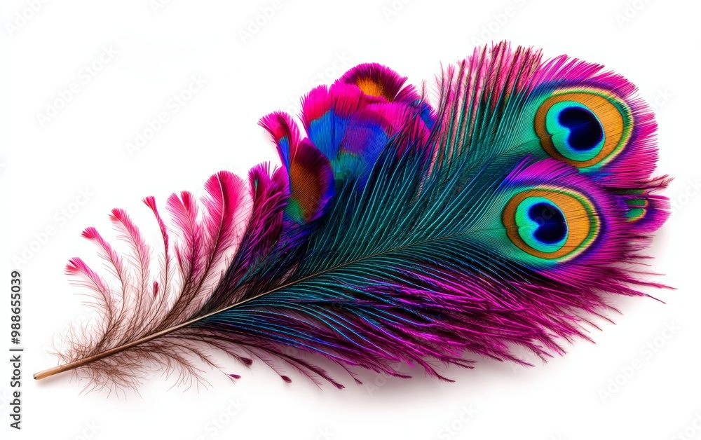 Obraz premium A hyper realistic close-up of a vibrant peacock feather, intricate patterns and iridescent colors