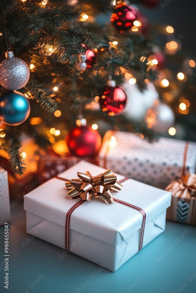 A beautifully wrapped gift sits under a glowing Christmas tree, adorned with festive ornaments and twinkling lights. A beautifully wrapped gift sits under a glowing Christmas tree, adorned with festive ornaments and twinkling lights.