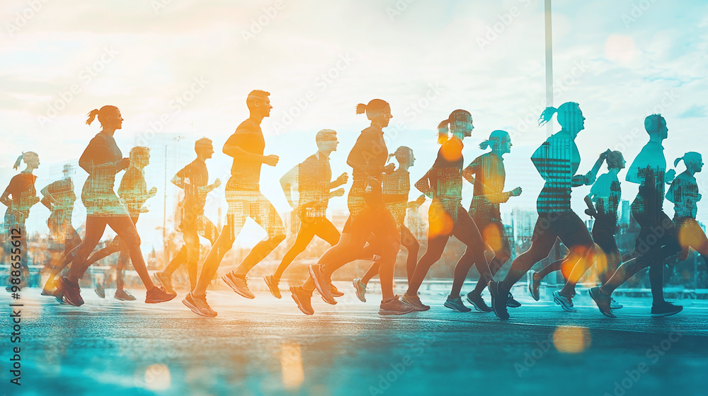 Obraz premium People participating in a charity walk/run with a World Health Day-themed background. Concept: Charity Event, Health Day, Group Activity