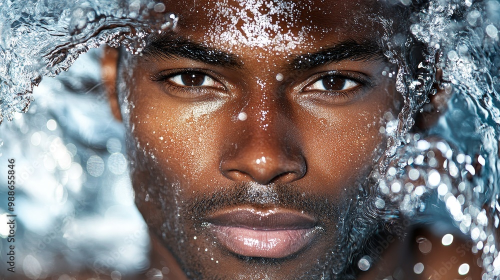 Serene Middle-aged Man with Radiant Skin Emerging from Water Droplets in Soft Focus Serene Middle-aged Man with Radiant Skin Emerging from Water Droplets in Soft Focus