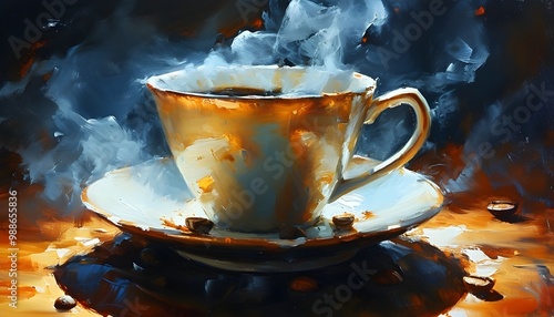 Vibrant coffee cup with steam rising, radiating warmth and cheerfulness photo