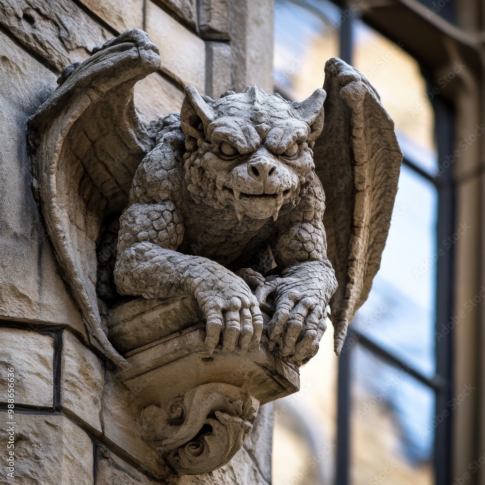 Gargoyle sculpture that showcases a fierce design as a prominent feature on an architectural facade Gargoyle sculpture that showcases a fierce design as a prominent feature on an architectural facade