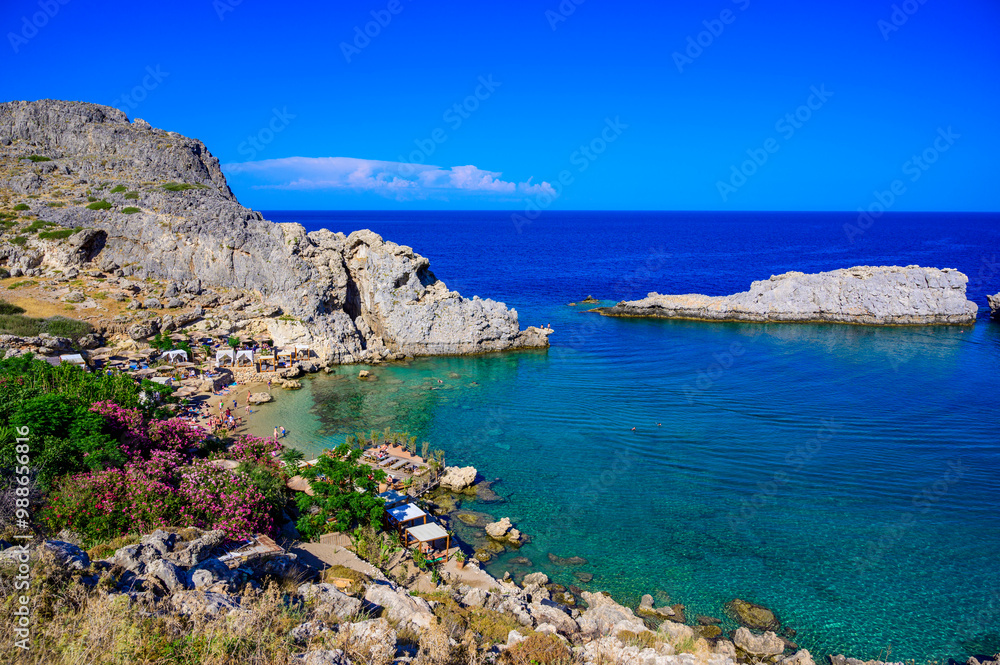 Fototapeta premium St. Paul Beach - Paralia Agios Pavlos - Paradise Bay at Lindos - travel destination in Rhodes, Greece
