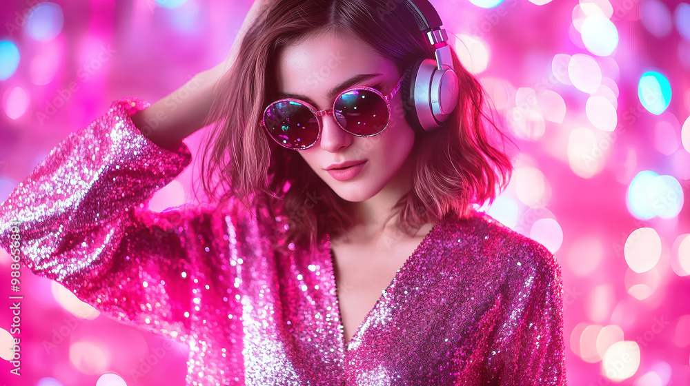 Girl with headphones in disco atmosphere.