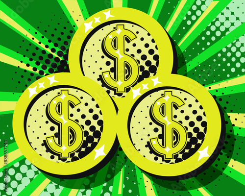 dollar coins on a green background in pop art style vector illustration