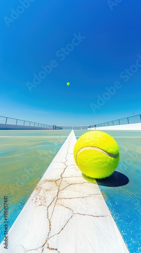 A pristine hard court with the ball bouncing near the service line, under clear blue skies photo