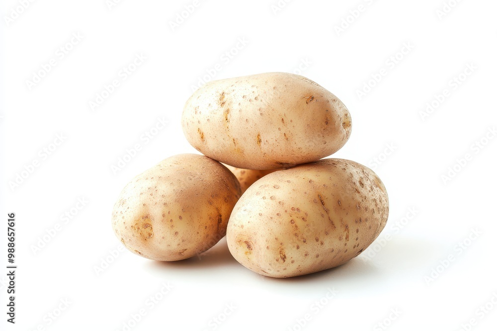 A pile of fresh unpeeled potatoes with slight dirt marks isolated on a clean white background. A pile of fresh unpeeled potatoes with slight dirt marks isolated on a clean white background.