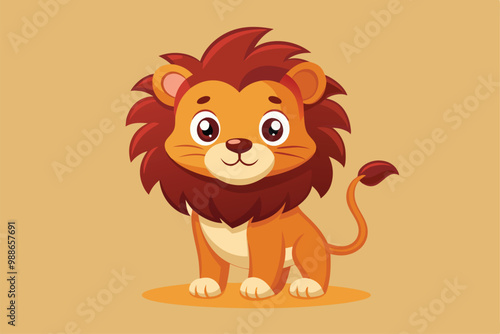 A cute cartoon lion character stands joyfully, showcasing its vibrant mane and friendly expression, Cute Lion Animal Cartoon Mascot Character