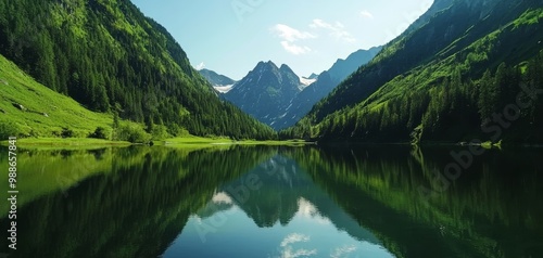 A serene mountain lake reflecting the surrounding peaks, its crystal-clear waters revealing the depths of natures tranquility in 4K photo