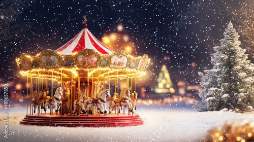 Festive christmas background featuring an ornate carousel with horses surrounded by snow