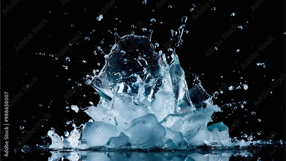 Ice cubes splashing into water, creating a dynamic explosion effect in a glass setting, Generative AI. Ice cubes splashing into water, creating a dynamic explosion effect in a glass setting, Generative AI.