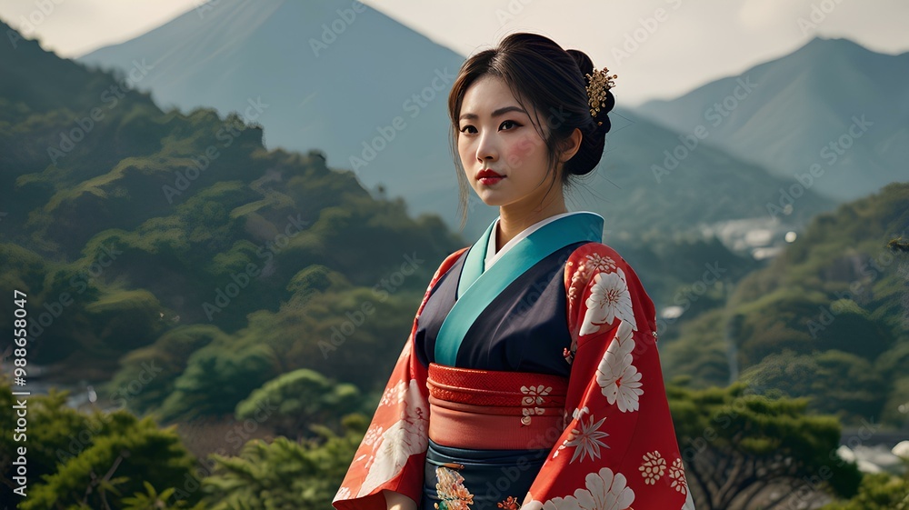 A Japanese woman in traditional kimono clothes standing in mountain background. A Japanese woman in traditional kimono clothes standing in mountain background.
